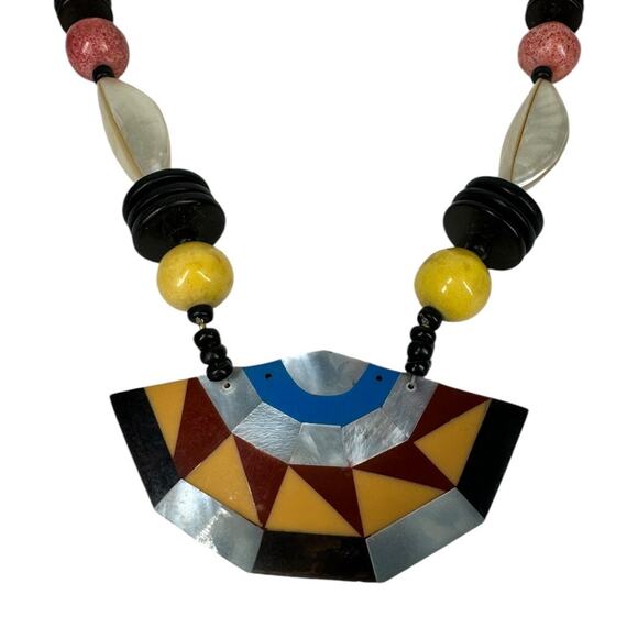 Vintage Inlay Acrylic Shell Necklace Long Beaded Statement MOP Mother Of Pearl - Picture 2 of 7